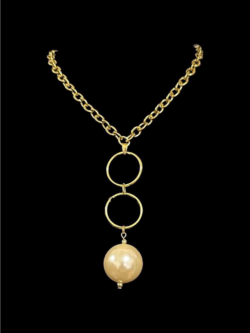 Gold-Tone Double Circle Necklace with Champagne Pearl Pendant